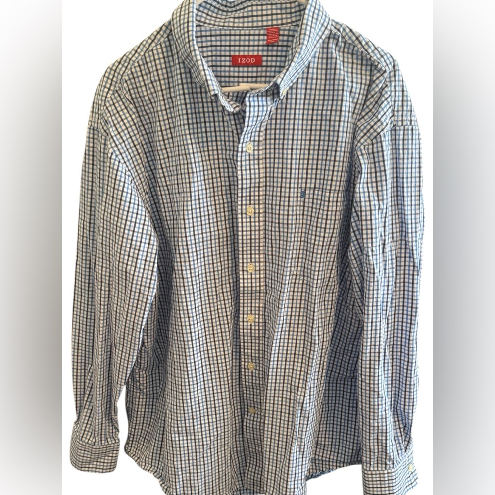 Izod Men's Navy and White Plaid Button Down Shirt